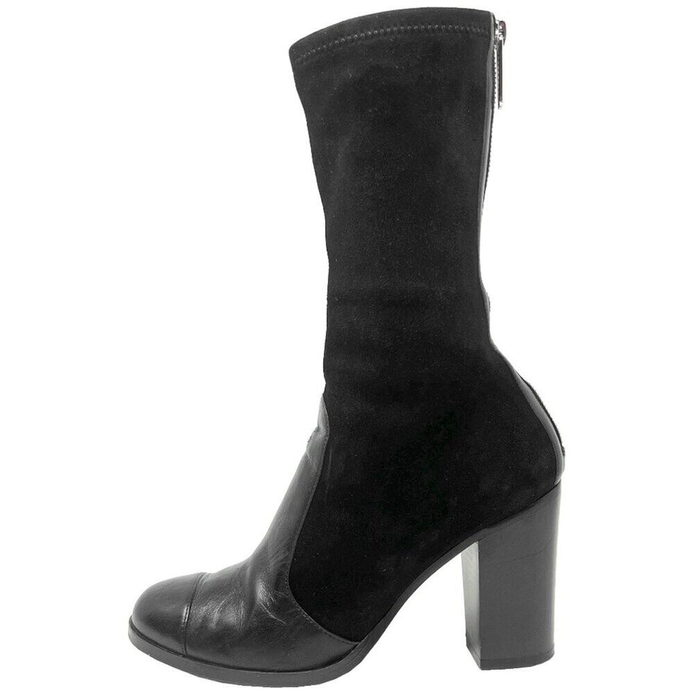 Vintage Chanel Black Suede Leather Ankle Boots Block Heel Zip Logo 39